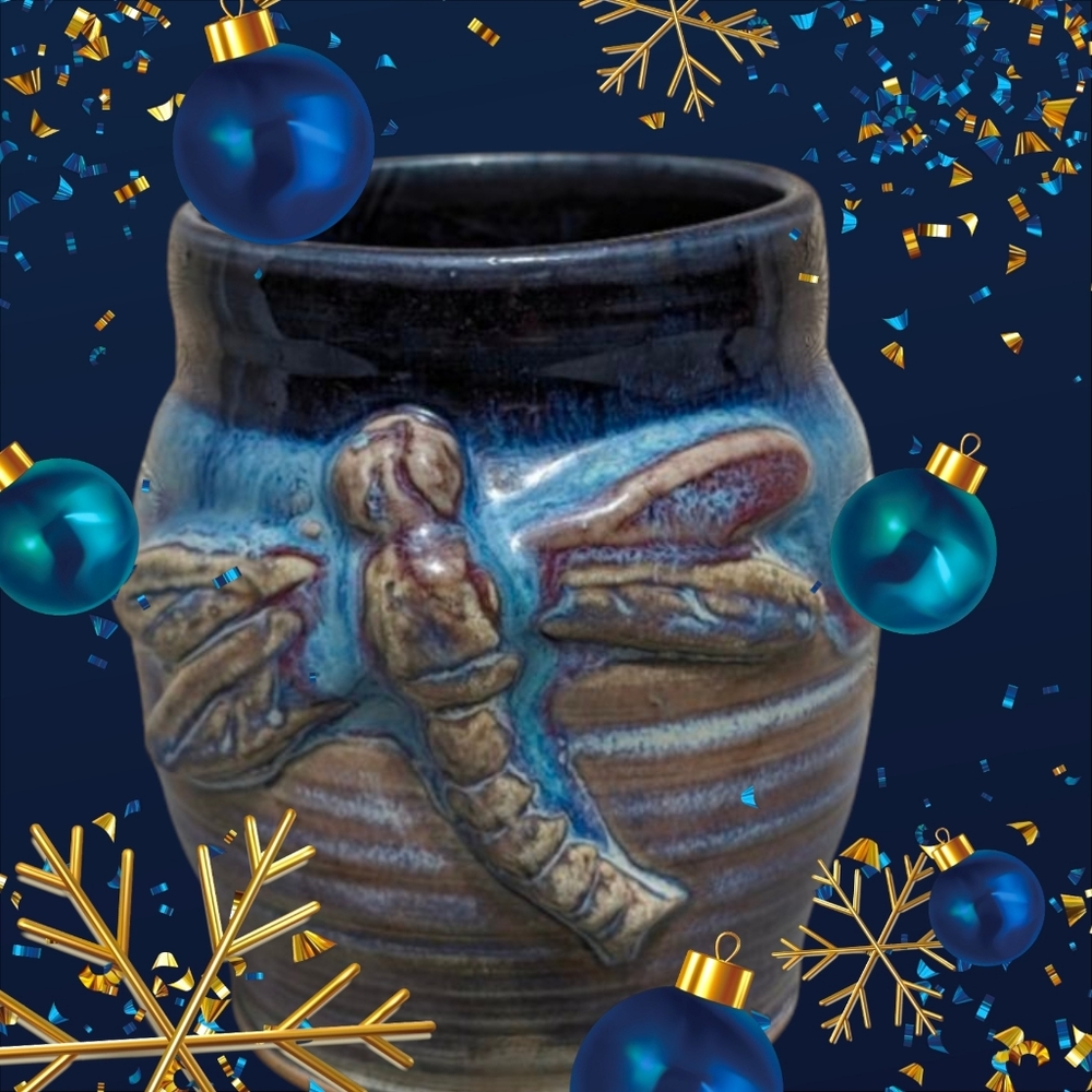 Dragonfly Mug, Artistic Blue and Brown Ceramic